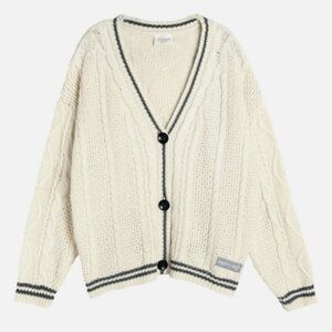 Cream Cable Knit Cardigan with Black Trim